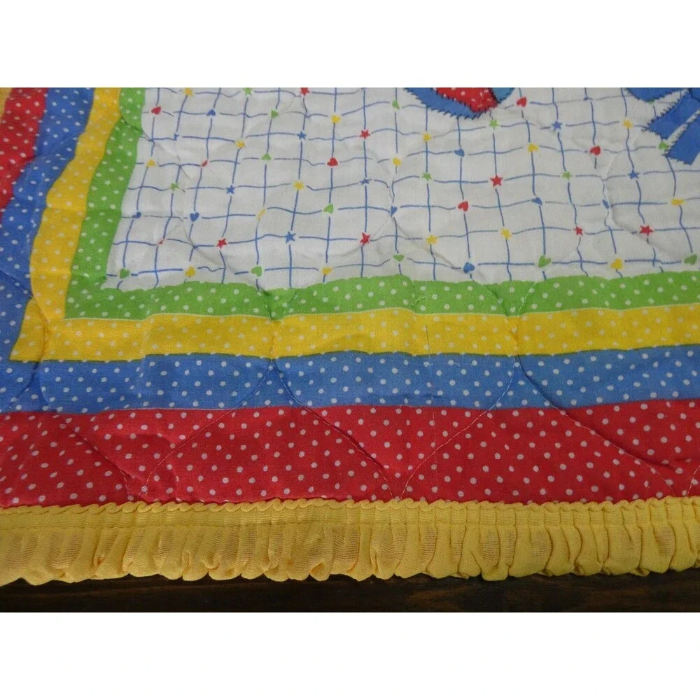 VTG Handmade Baby Blanket Quilt Nursery Rocking Horse Rainbow Ruffle 42